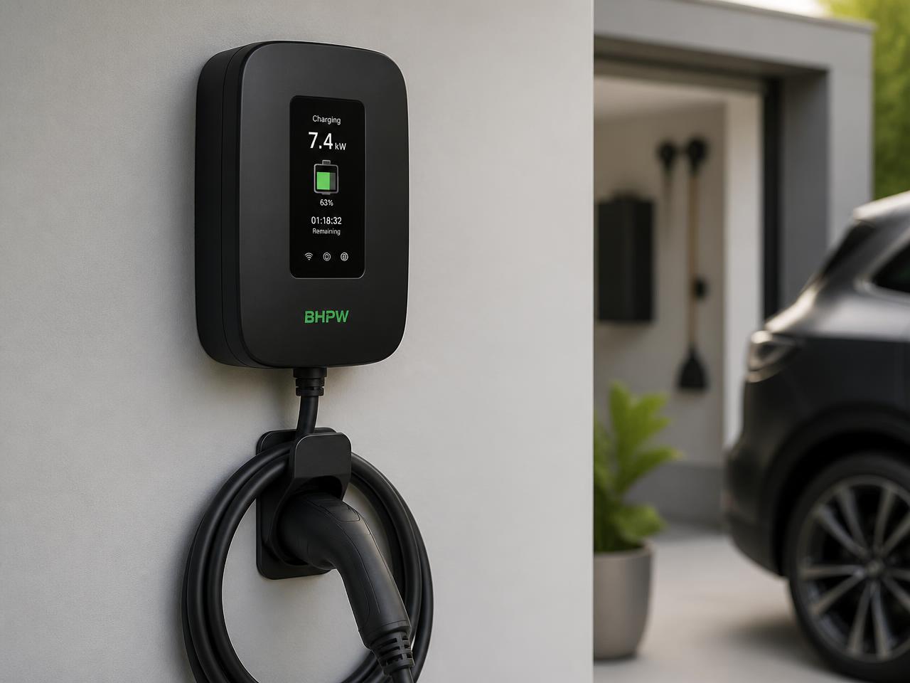Schwarze BHPW-Wallbox mit Display und Logo an einer Garagenwand