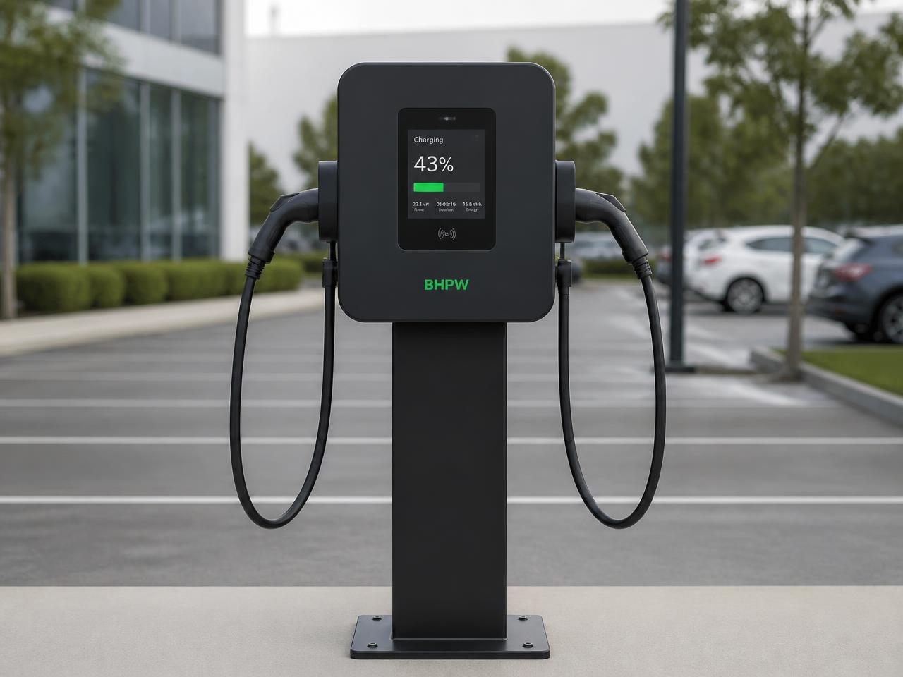 Schwarze BHPW-Doppel-Wallbox mit zwei Ladekabeln und Display auf einem Standfuß